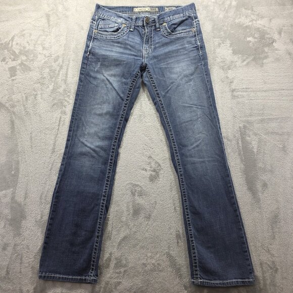 BKE Jeans Mens 30R Blue Carter Bootcut Demin Pants Faded Distressed STAIN - Picture 1 of 13